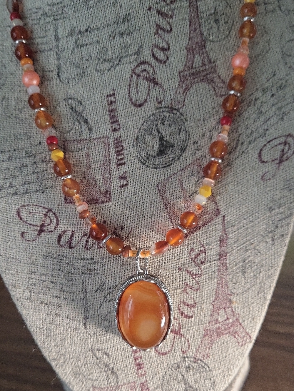 Hand Crafted FALL Carnelian  and Crystal Beaded Necklace with Carnelian  Pendant